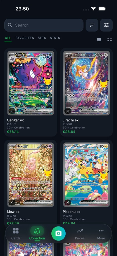 CardMate collection screen showing owned Pokémon cards with search, filters, and market prices